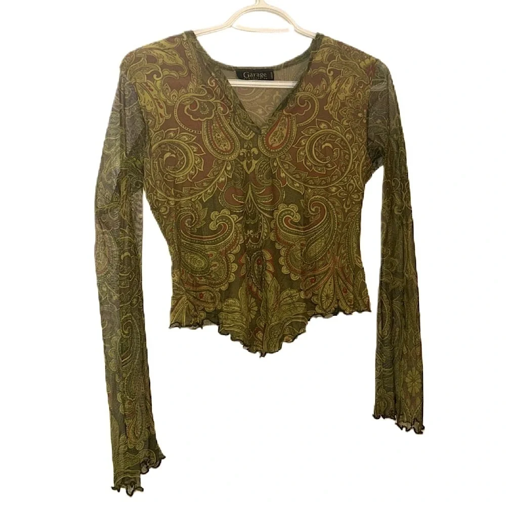 Y2K Green Paisley Long Sleeve Mesh Top - Picture 6 of 6